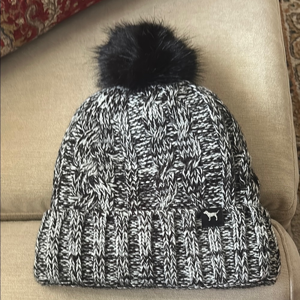 Black and White Knit Beanie with Pom Pom
